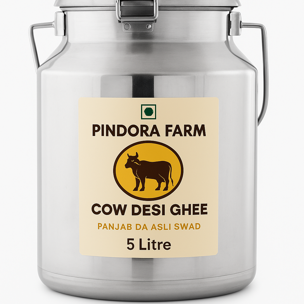 desi cow ghee (5 litre steel pack) Pindora Farm – 100% Pure Desi Cow Ghee (5 Litre Steel Pack)